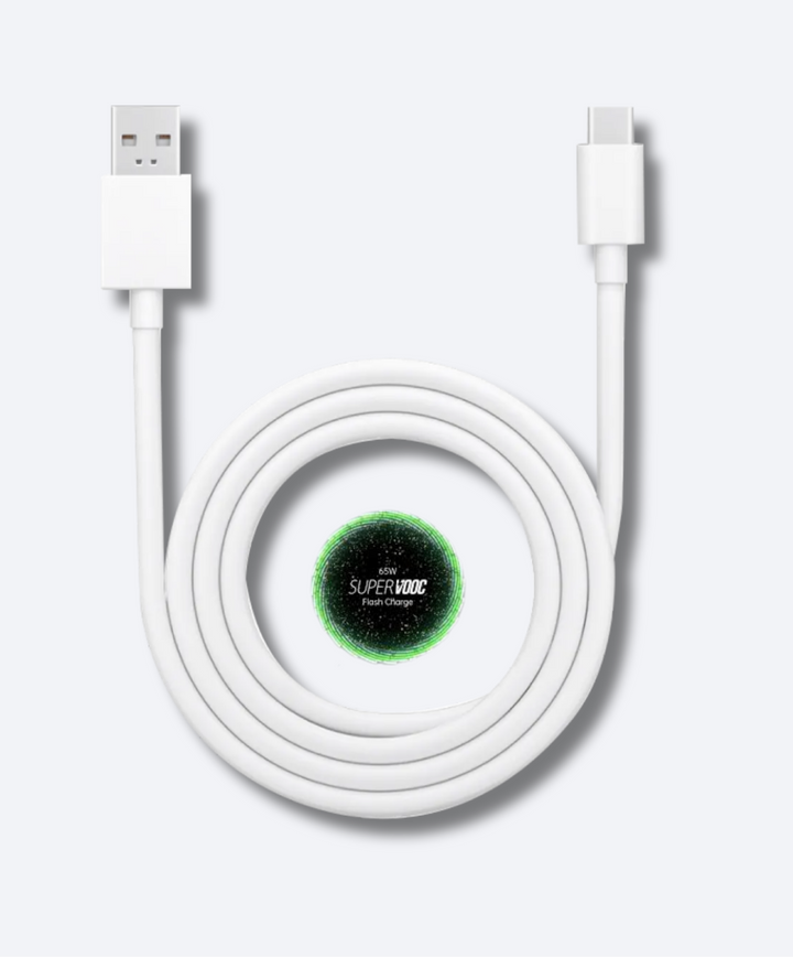 White USB cable with 'SuperVOOC' logo on a light gray background, featuring 'realift tech' branding.
