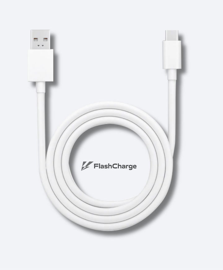 White charging cable with USB connectors on a light gray background, featuring the 'realift tech' brand.