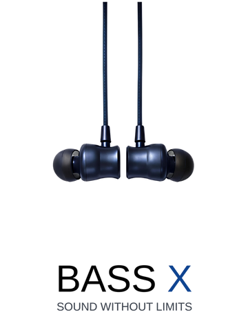 Black earphones with 'BASS X' text on a white background