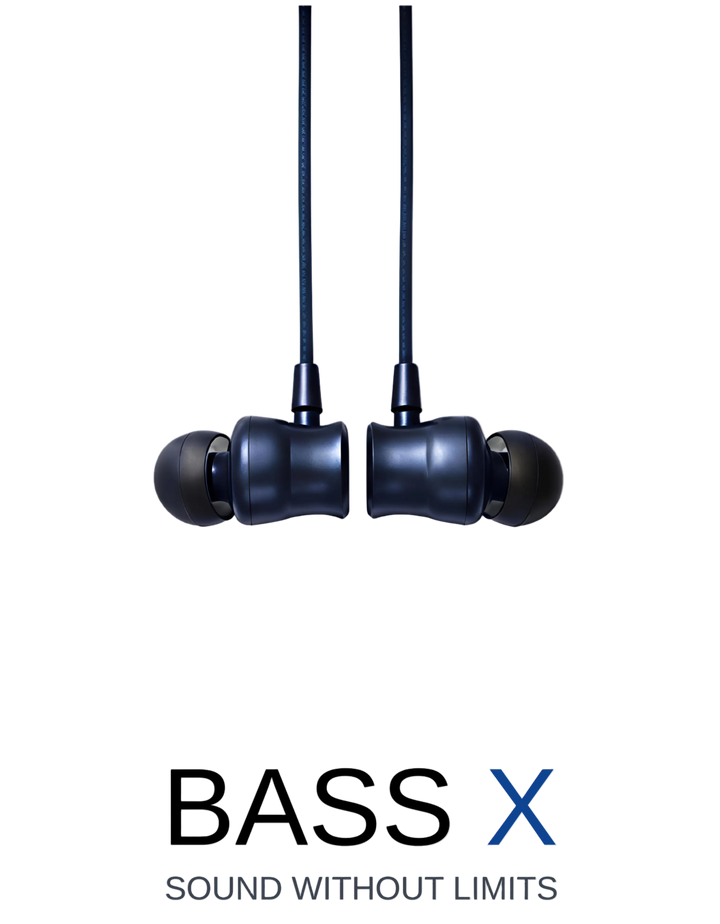 Black earphones with 'BASS X' text on a white background