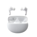 White wireless earbuds with charging case on a light gray background