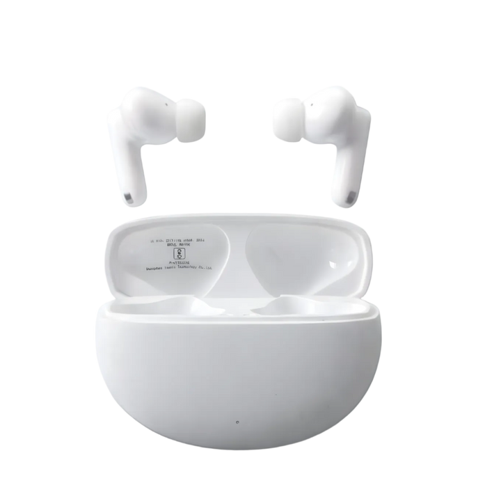White wireless earbuds with charging case on a light gray background