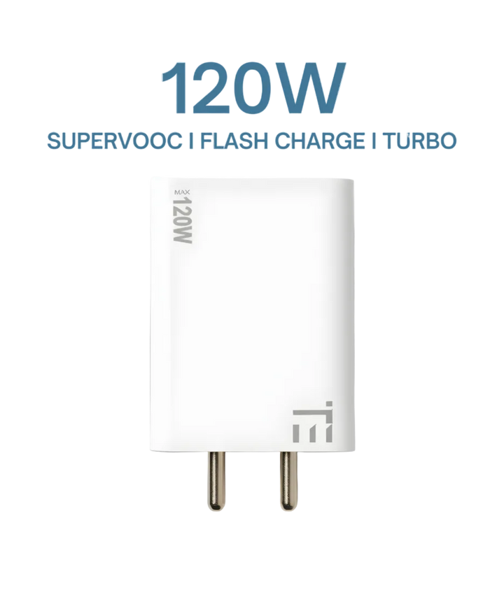 White charging adapter with '120W' text on a white background, featuring logos of multiple brands below.