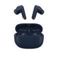 realfit Navy blue wireless earbuds with charging case on a light gray background