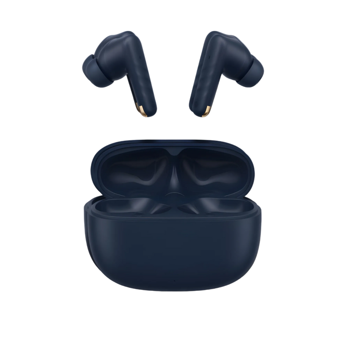 realfit Navy blue wireless earbuds with charging case on a light gray background