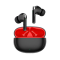 realfit Black wireless earbuds with a red interior in a black charging case on a light gray background