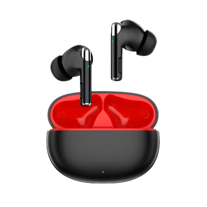 realfit Black wireless earbuds with a red interior in a black charging case on a light gray background