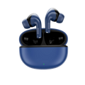 Blue wireless earbuds in a charging case on a light gray background