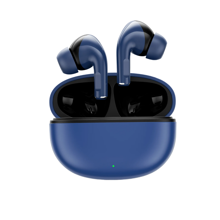 Blue wireless earbuds in a charging case on a light gray background